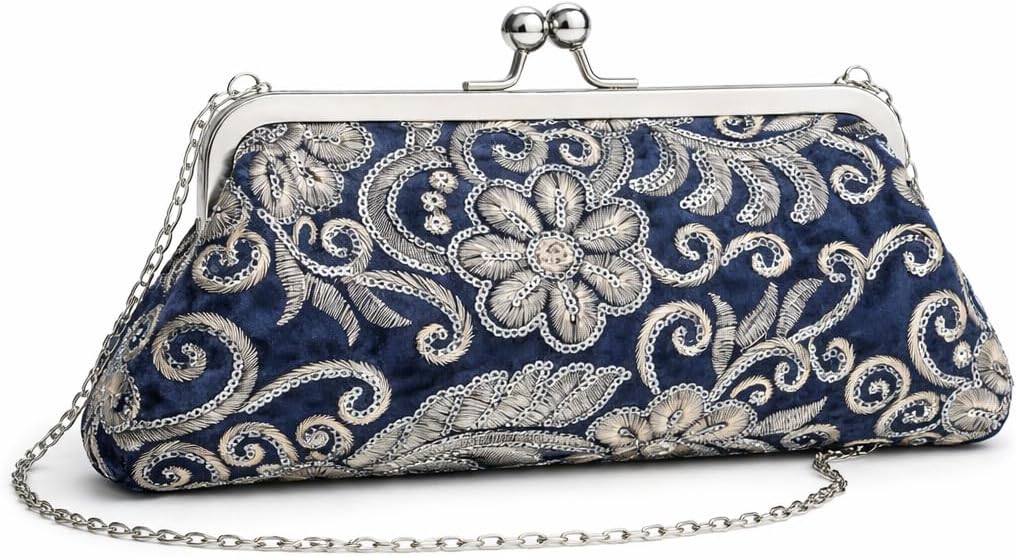 Velvet Sequin Clutch for Women Kiss Lock Evening Bag Elegant Formal Handbag for Wedding Prom Cocktail Party