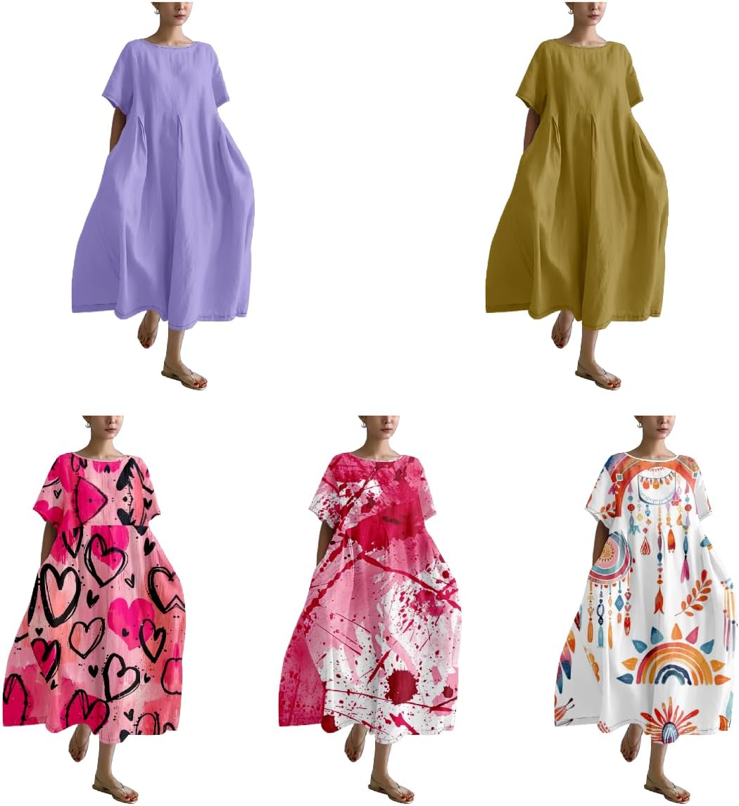 Boho Dresses for Women 2024 Casual Fit Trendy Crew Neck Short Sleeve A-line T Shirt Dress Soft Sundress - Image 5