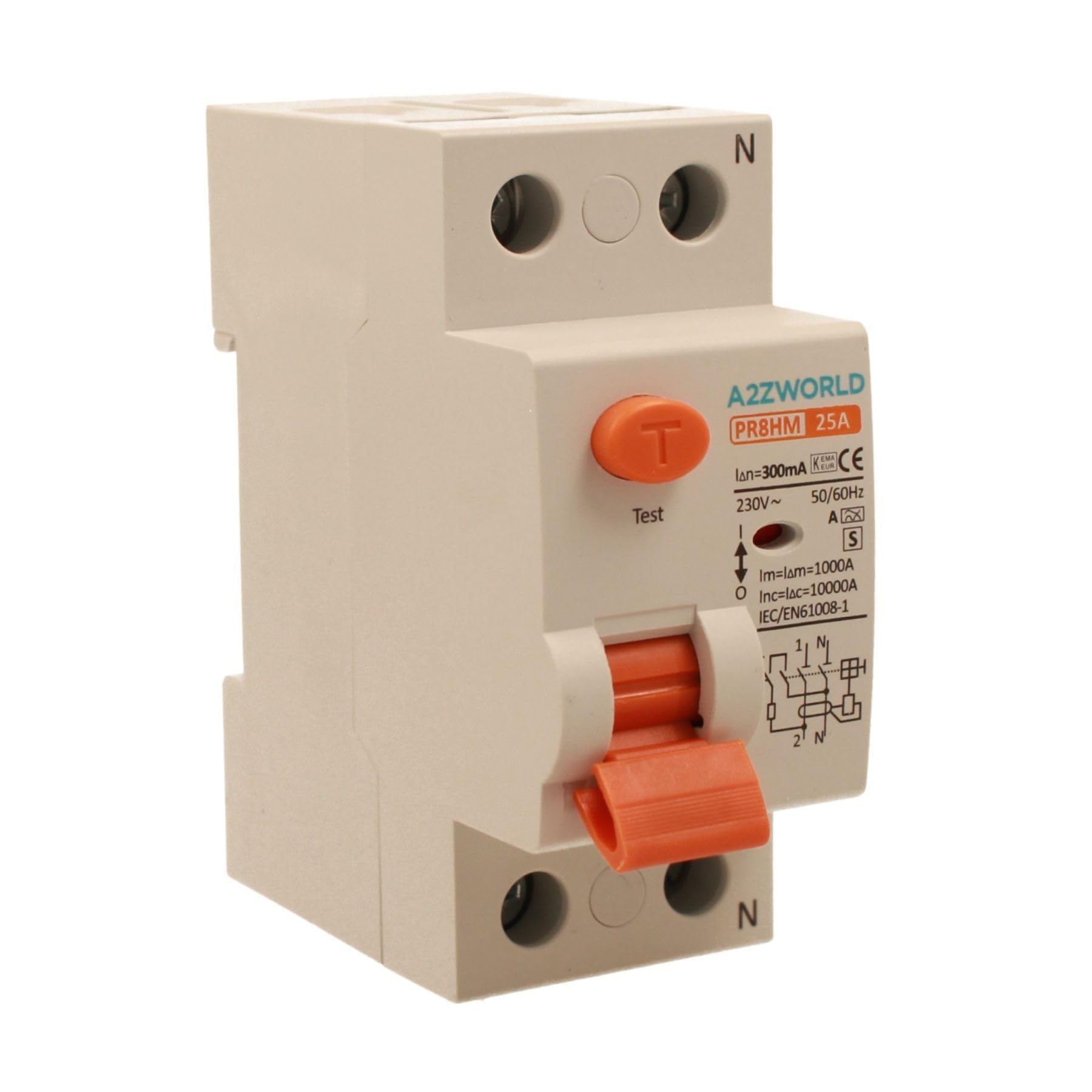 Interrupteur différentiel pur sélectif 25A, RCCB Type S Classe A, 1P+N 10 kA 300 mA, retard 500 ms, 2 modules DIN 230 V AC, certifié IEC61008-1, série PR8HM électromagnétique