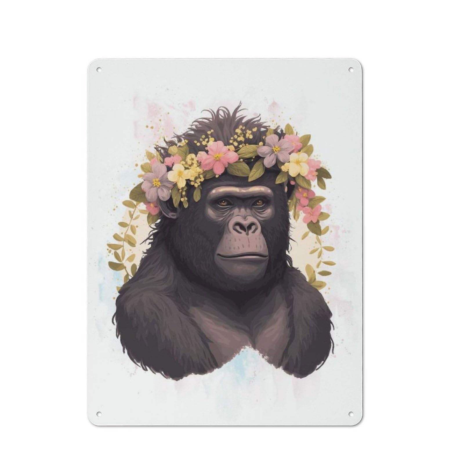 Tin Wall Plaque 40x30cm with Flower Gorilla Watercolor for Living Room Or Hallway, A Decorative Christmas Gift for Home Wall Decor Collectors