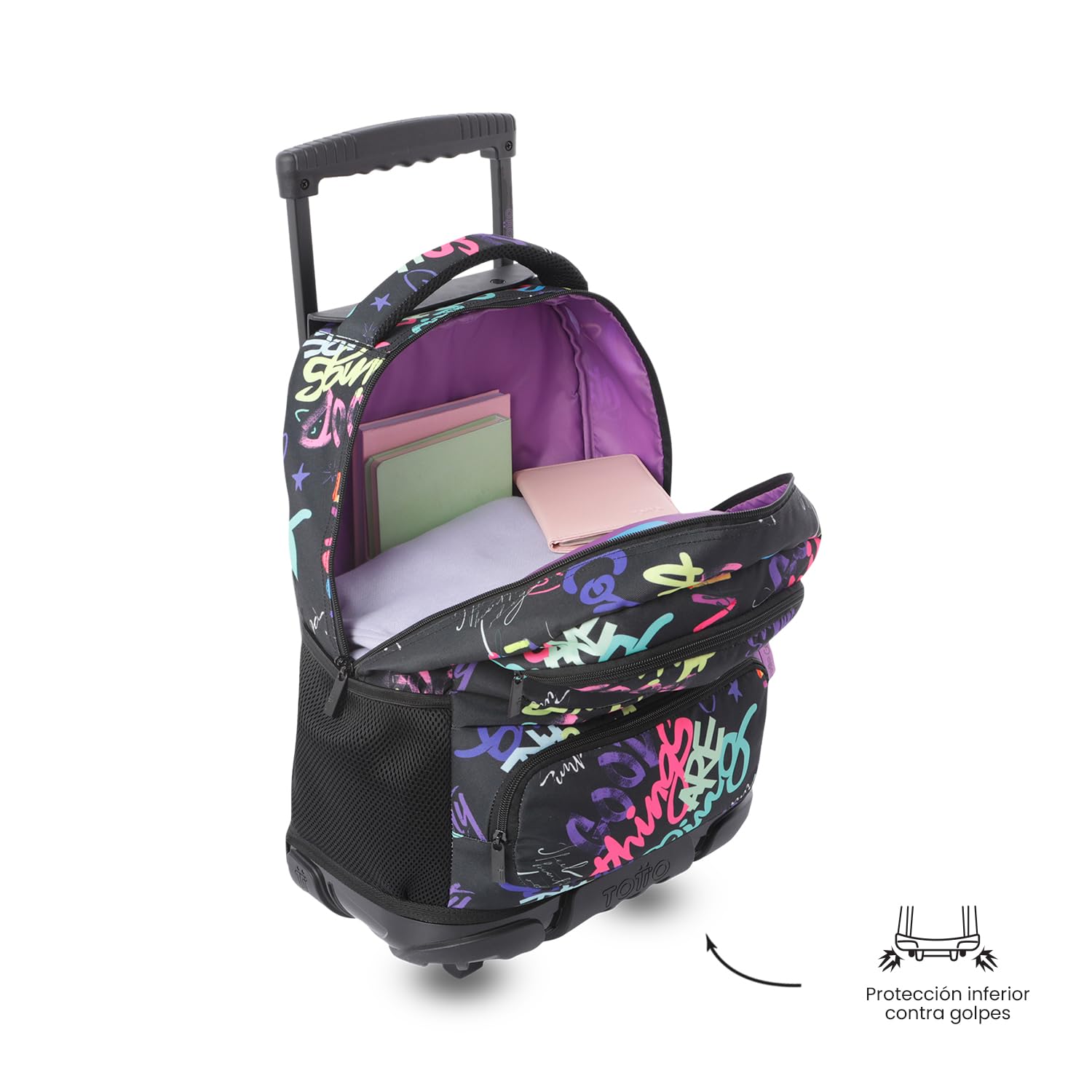 TOTTO - Mochila Escolar con Ruedas, Modelo SKL L, Capacidad 25 L, Mochila Grande, Bolsillo Botella, Bomper Protector, Asa de Mano, Manija Telescópica, Resistente y Cómoda, Estampado Letry