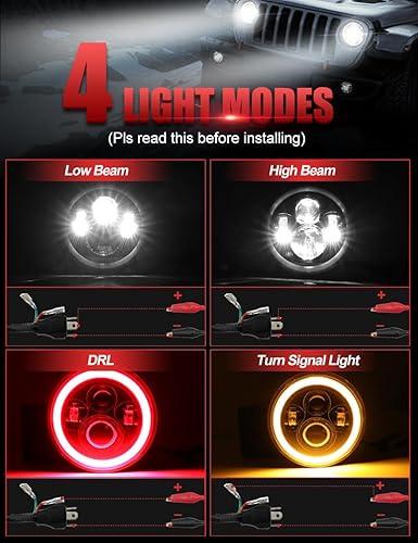 Miniatura 4 de UNI-SHINE 2 faros delanteros LED de 7 pulgadas, haz de halo rojo con señal de giro ámbar DOT+2 luces traseras LED con EMC Correr y señal de freno y