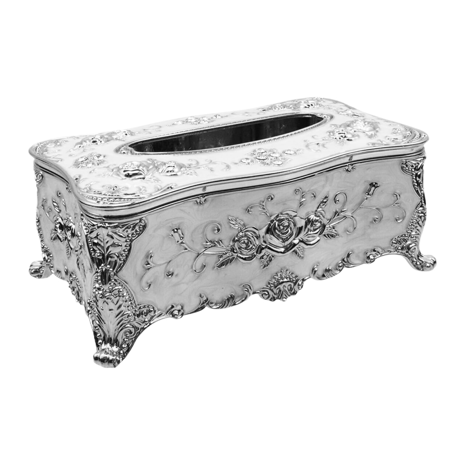 Tsnamay 9.45"x5.43"x3.94" Luxurious Rose Tissue Box with Imitation Diamonds, Embossed Flowers, Elegant Tissue Paper Holders for Home Toilet Bath Hotel,Silver-White