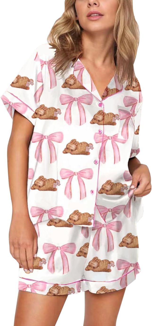 Women's Print Pajama Sets Short Sleeved 2 Pieces Top Shorts Sleepwear Button Down Loungewear Pjs Set