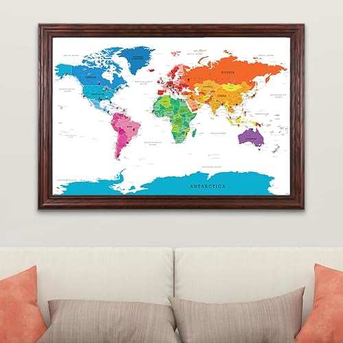 Vista 104 de Lienzo - Mapa de viaje personalizado con diseño colorido del mundo con marco negro rústico