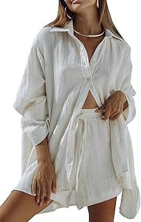 Women 2 Piece Outfits Long Sleeve Button Down Blouse and Shorts Sweatsuit Sets