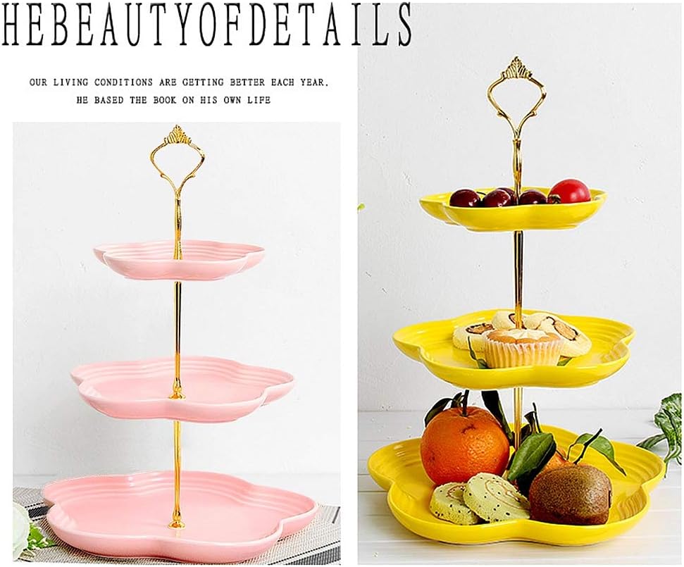 3 Tier Serving Tray, KOKITEA 3-Tier Ceramic Cake Stand, Beautiful Cupcake Stand Wedding - Dessert Stand-Tea Party Serving Platter (Pink Gold)