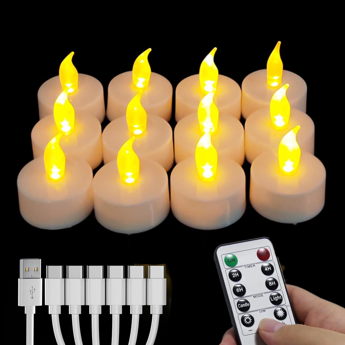 Wiederaufladbare Led Teelichter, Wiederaufladbare Kerzen Flackernd mit Fernbedienung und Timer,Mit 6-Port USB Ladekabel LED Kerzen für Hochzeiten Partys Halloween Weihnachten Heimdekoration