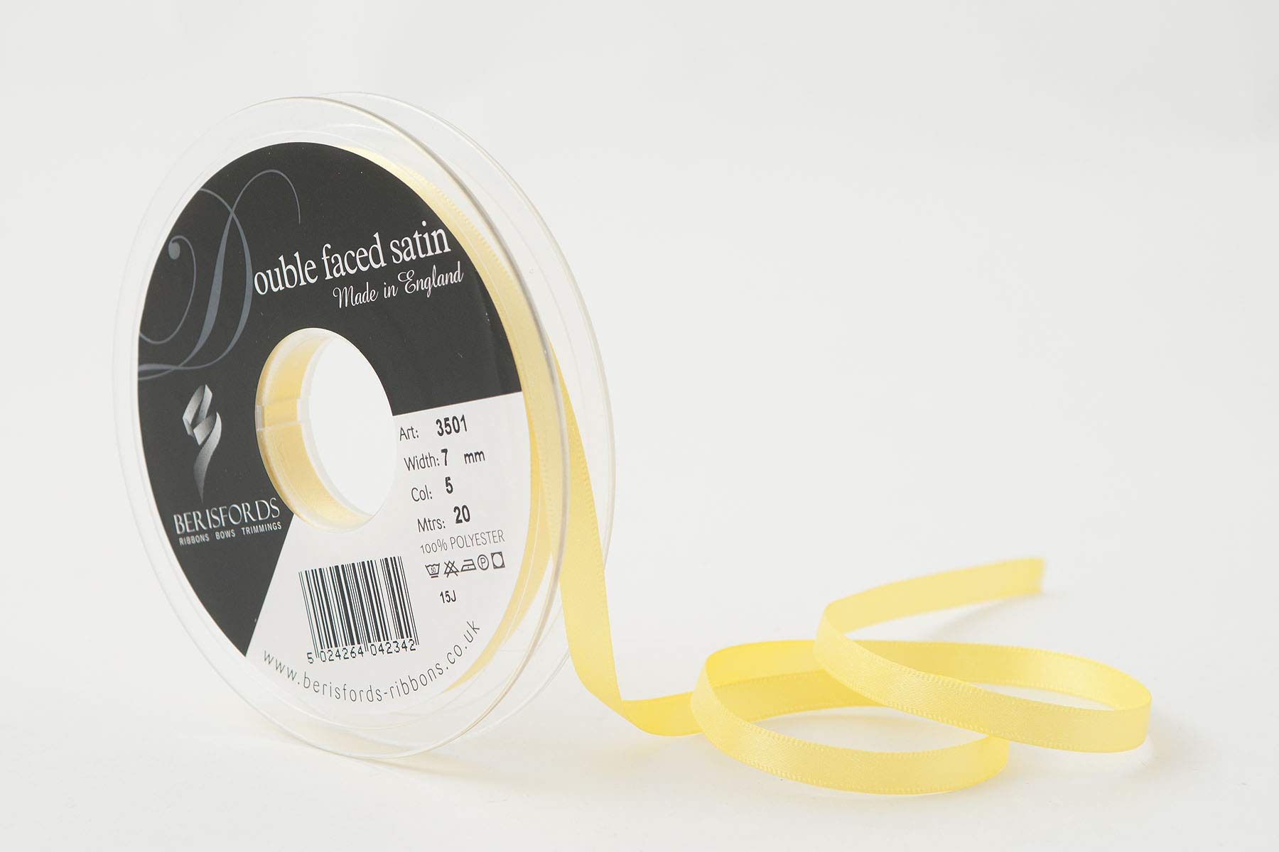 Berisfords Yellow 3501 7Mm 05 Lemon Double Satin Ribbon X 20Mtr, 20M,
