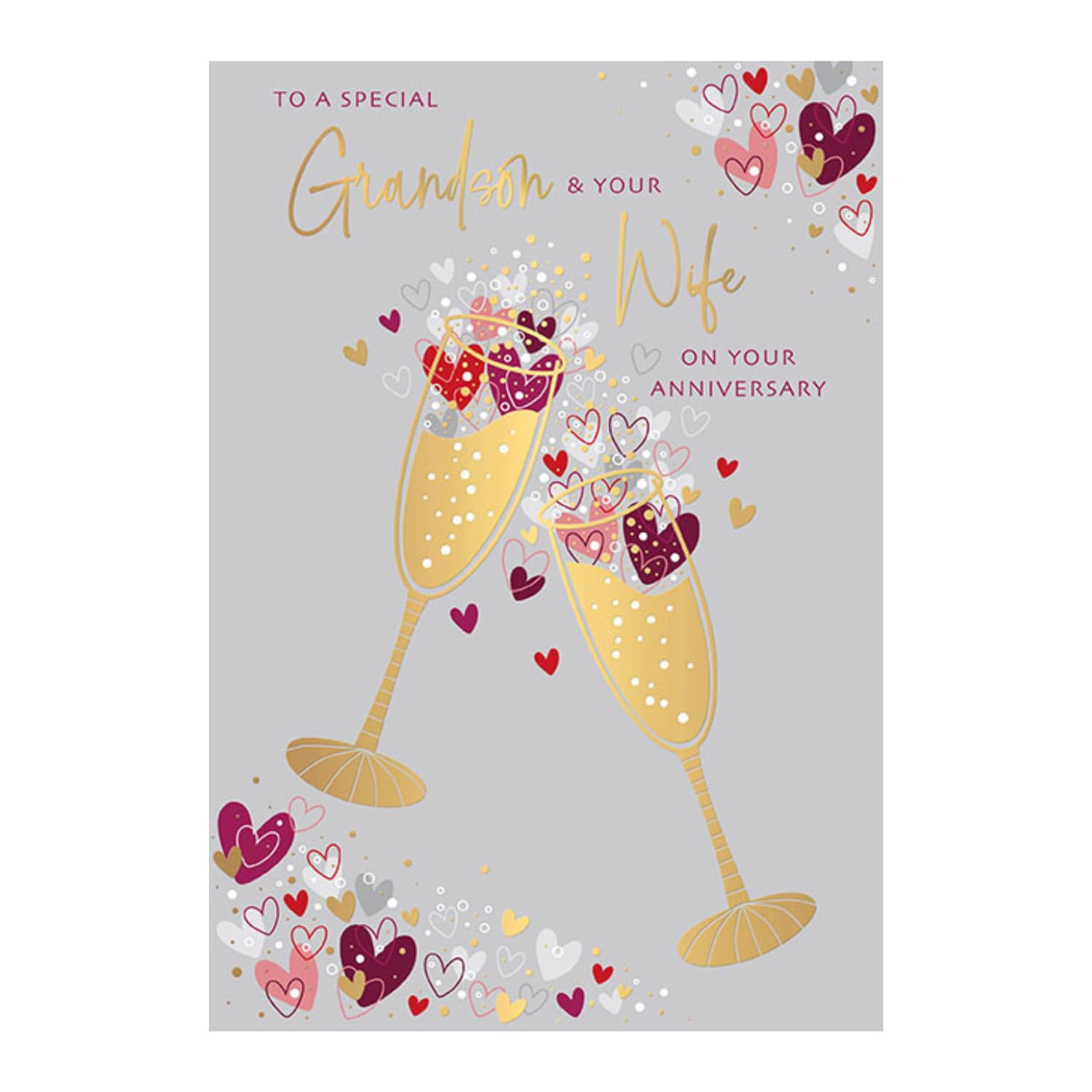 Grandson and Your Wife Anniversary Card - Love Hearts - Romantic Design - Special Finish and Illustrated Insert Leaf - Made in the UK - Eco-Friendly