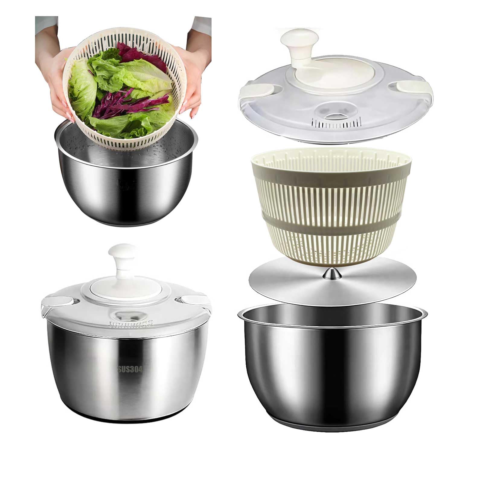Centrifuga per insalata in acciaio inox da 5,3 qt, grande capacità, detergente per frutta e verdura, asciuga insalata con uscita rapida per centrifuga e scarico, colino multiuso