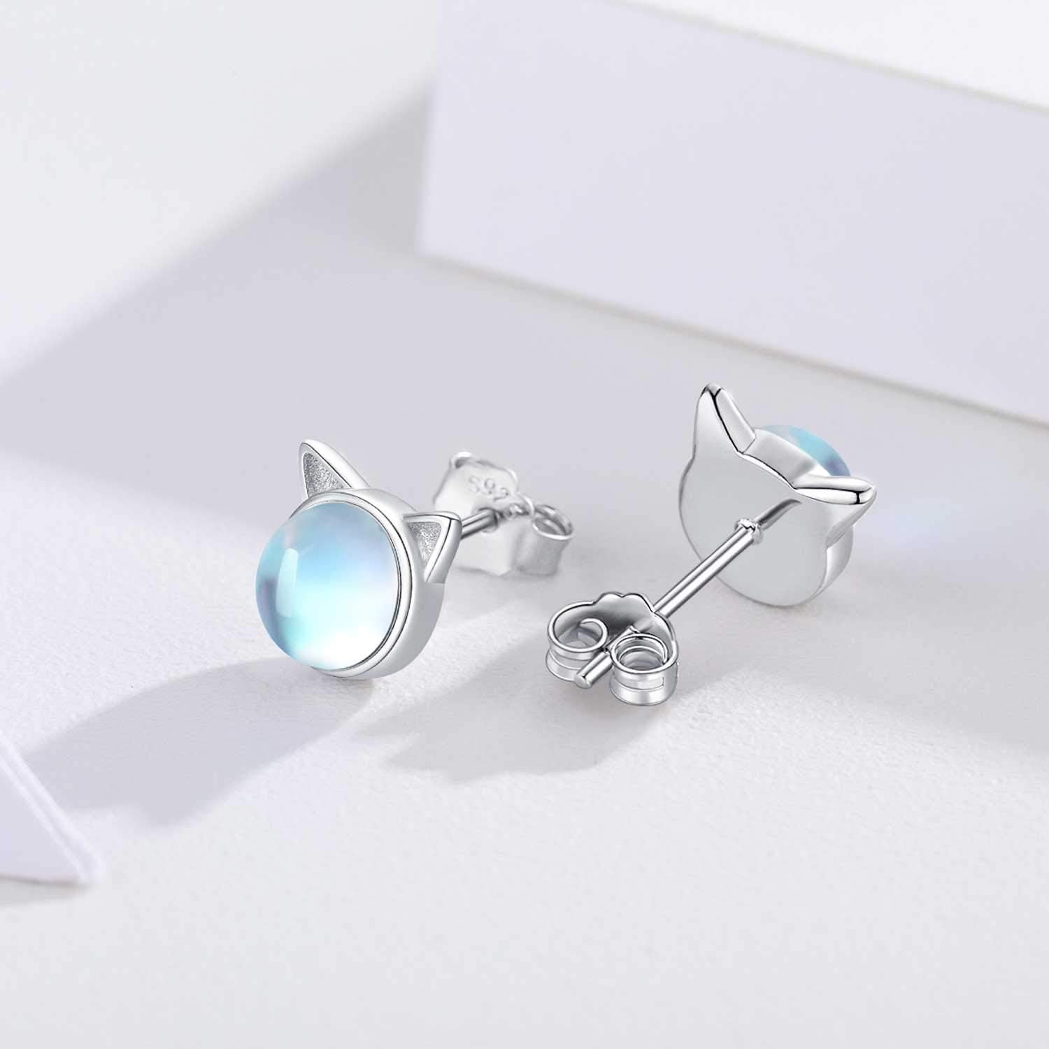 Cat Earrings Moonstone Earrings 925 Sterling Silver Cute Cat Moonstone Stud Earrings Animal Cat Pierced Earrings Jewelry for Women - Image 2