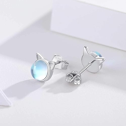 Miniatura 2 de Aretes de gato con piedra lunar, aretes de plata de ley 925 con lindo gato de piedra luna, aretes de tuerca con diseño de gato de animales, joyería