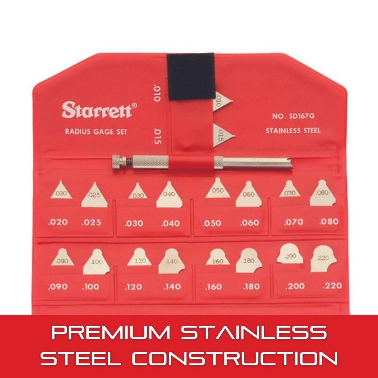 Starrett SD167GHZRadius - Calibre de radio con soporte, rango de 0,010 a 0,0500 pulgadas, incrementos de 0,005, 0,010 pulgadas, 0,020 pulgadas y 0,050 pulgadas, 26 calibres