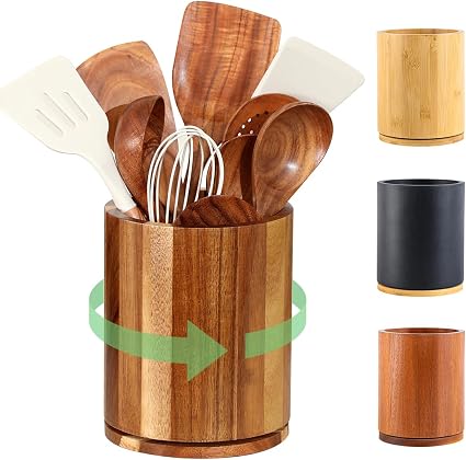Wooden Utensil Holder, 360°Rotating 7.3'' Large Utensil Holder for Kitchen Counter, Kitchen Utensil Organizer, Utensil Crock, Farmhouse Kitchens Countertop Decor, Acacia Wood