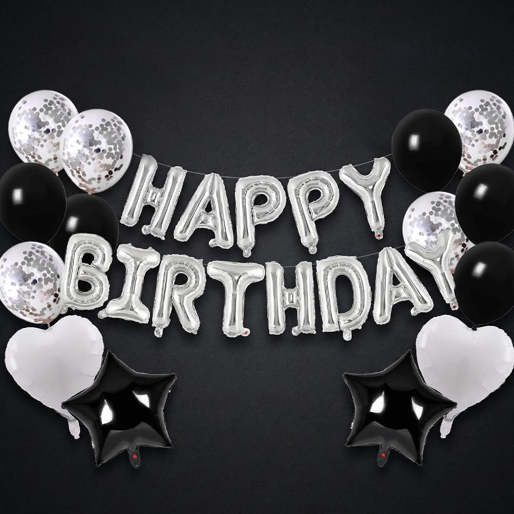 Black Silver Happy Birthday Balloons - 27 Pieces Alphabet Balloon Set with Star & Heart for Men's Party Decorations, Latex & Foil Mix Material
