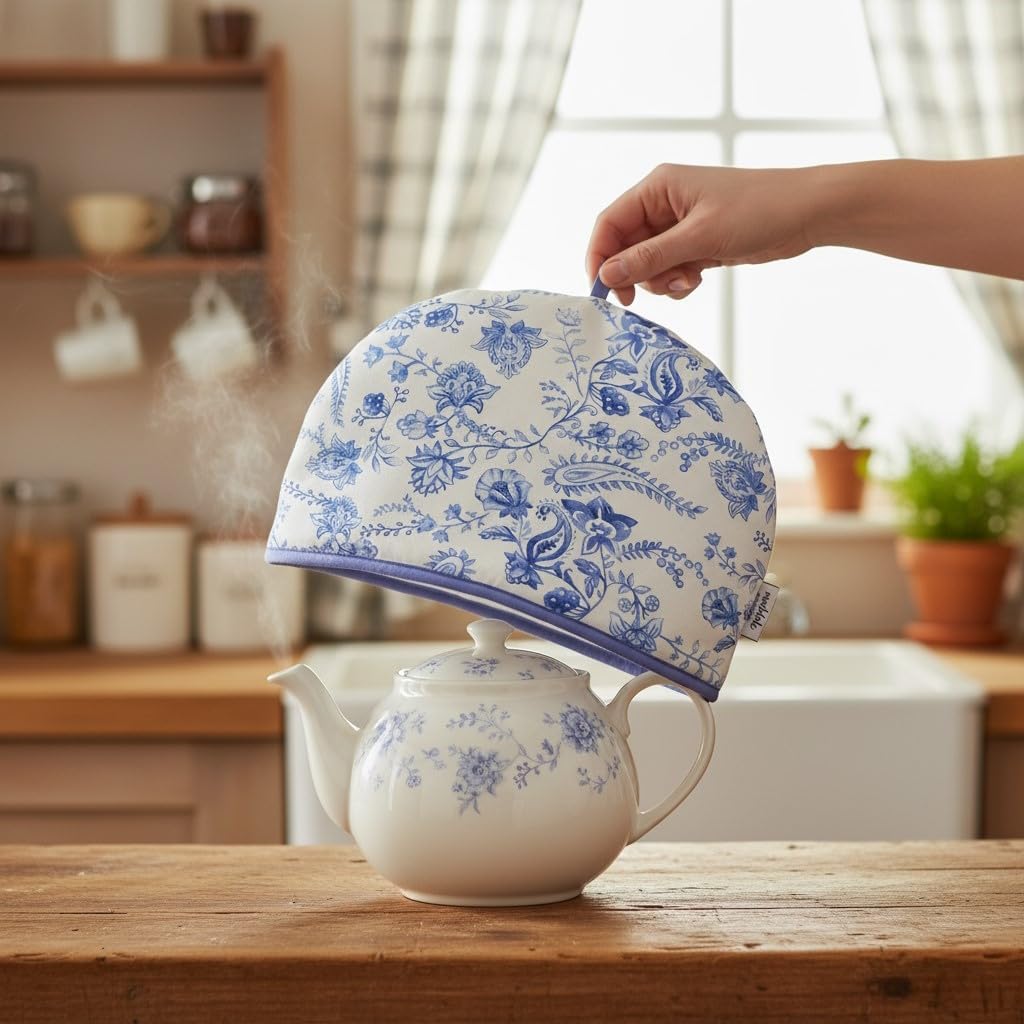 Muldale Large Tea Cozy for Teapot British - 100% Cotton Extra Thick Wadding Tea Pot Cover Designed in England - Insulated Teapot Cozy for English Tea Sets - Vintage Blue Floral