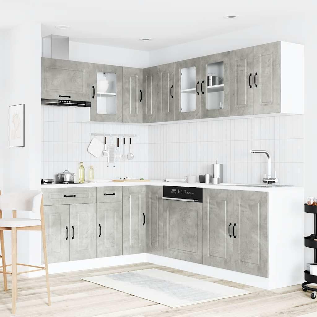Set di 11 mobili da cucina Kalmar grigio cemento, mobili da cucina modulari in legno, mobili da cucina modulari con pensili e pensili per riporre oggetti e ordine