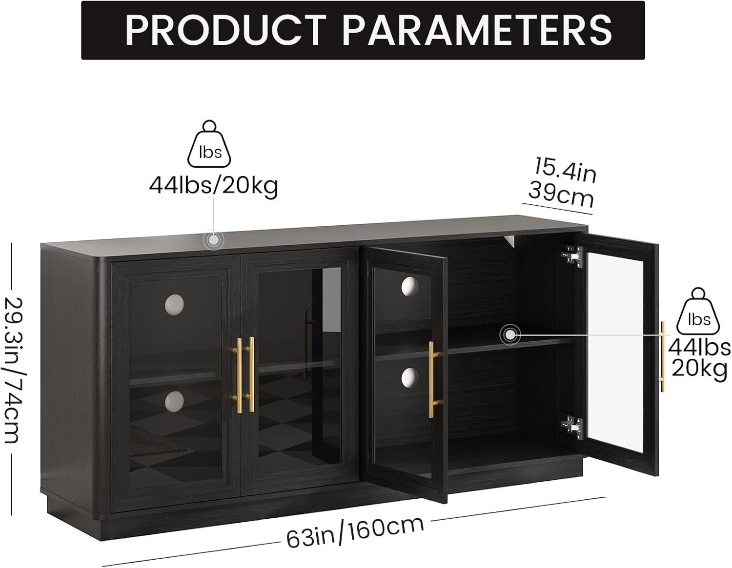 NEWOWNDS Buffet Cabinet with Storage,63" Large Dining Room Furniture Sideboard Buffet Table with 4 Glass Doors, Glass Display Cabinet,for Kitchen,Modern, Black