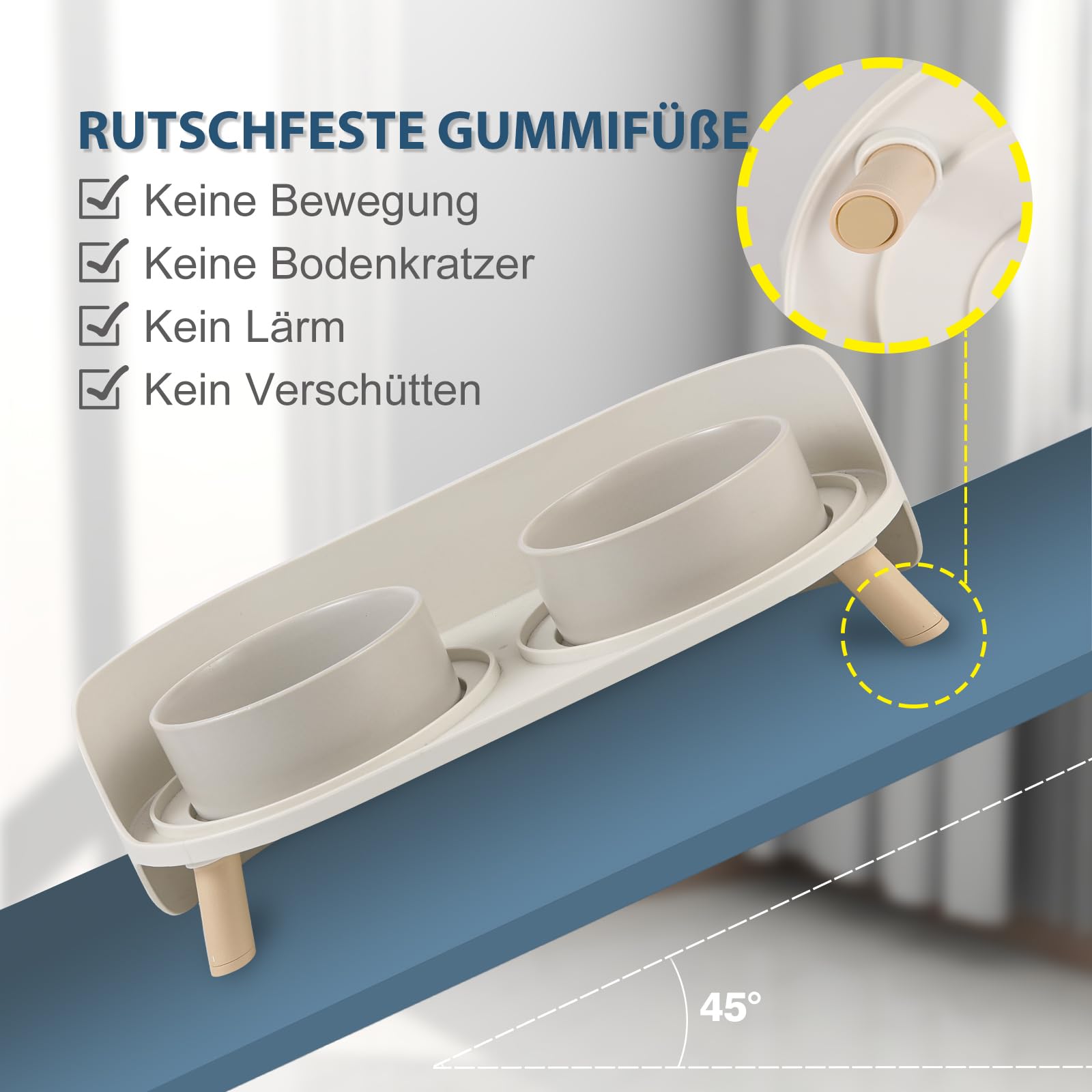 Katzennapf Keramik erhöht mit Ständer, Doppelnapf rutschfest mit Spritzschutz, Futter- und Wasserschalen für Katze, Welpen und kleine Hunde, komfortable Fresshöhe, leicht zu reinigen, 2 x 320 ml Grau