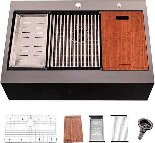 Miniatura 1 de Fregadero de cocina de 33 pulgadas con protección contra salpicaduras, estación de trabajo en cascada, color negro, delantal frontal de cocina Sik