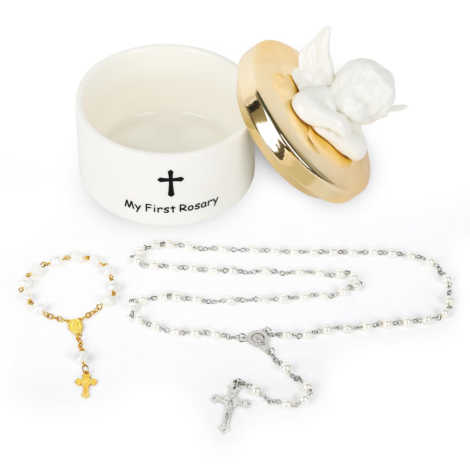 My First Rosary with Ceramic Keepsake Box | Communion Rosary with Box | Catholic Communion Gift | Baby Rosary Catholic Baptism Gifts for Boys and Girls Baby | Shower Rosary Beads, White, Zinc