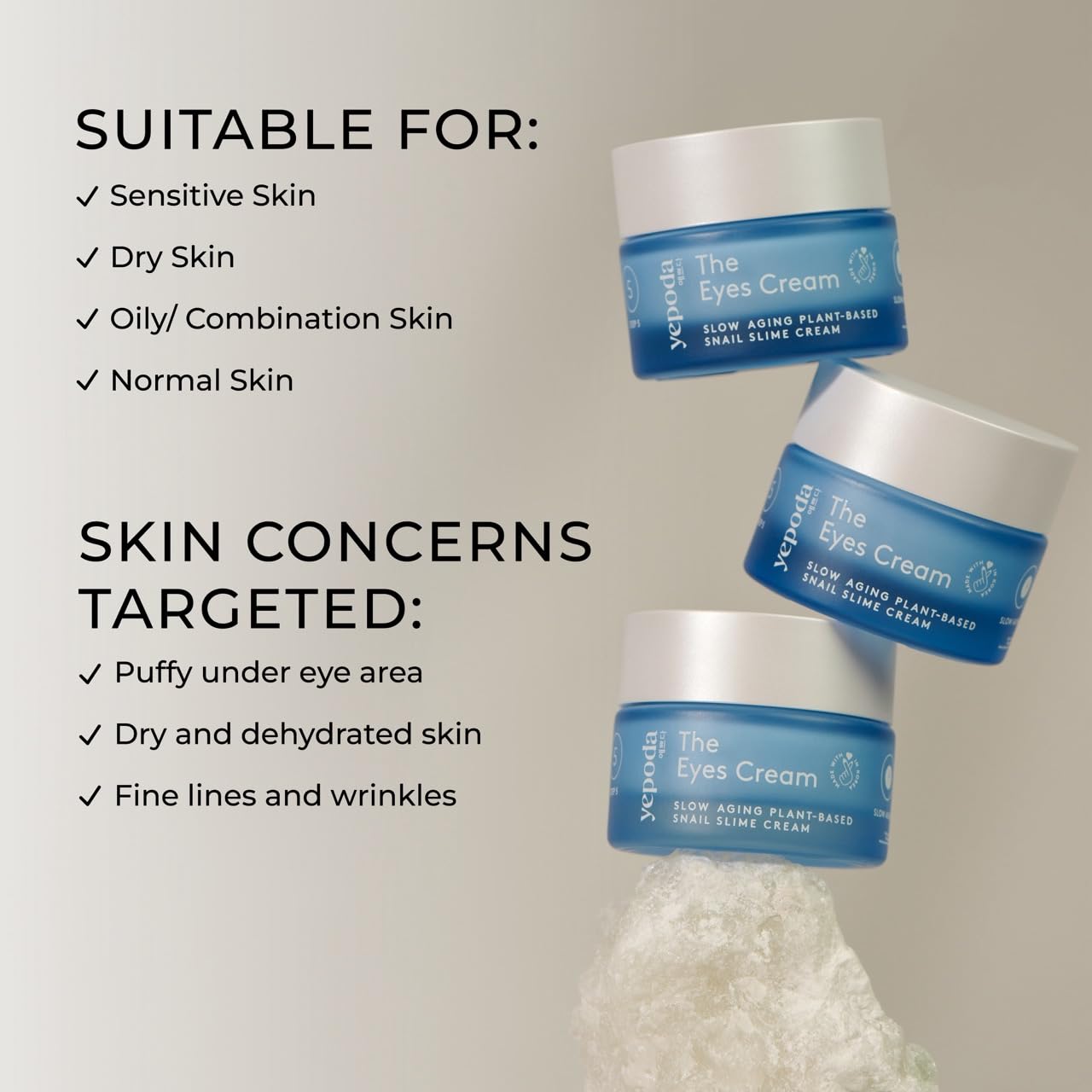 Yepoda The Eyes Cream, crème contour des yeux hydratante avec alternative végétale à la bave d’escargot. Décongestionne et hydrate intensément. Végan, pour tous types de peau, 15 ml.