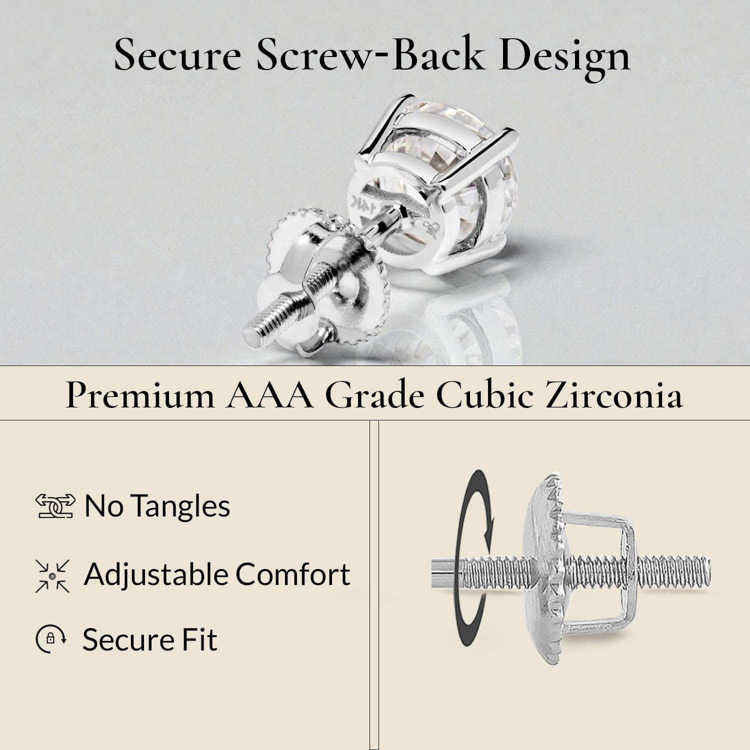 14K Solid White Gold SINGLE Stud Earring | Round or Princess Cut Cubic Zirconia | Screw Back Post | With Gift Box