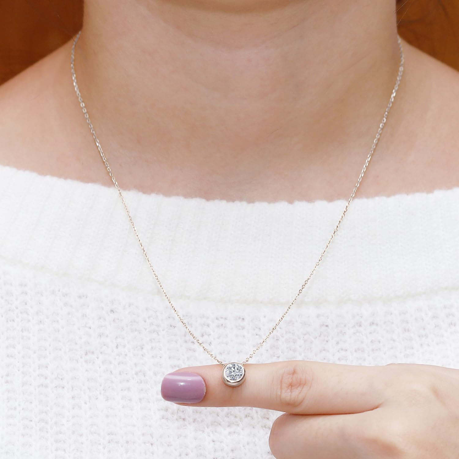 SAVEARTH DIAMONDS Solitaire Pendant Necklace for Women 6.5MM Round Lab Created Moissanite & Lab Grown Diamond Bezel Set Pendant in 14k Gold Over Sterling Silver jewelry Gift For Her - Image 3