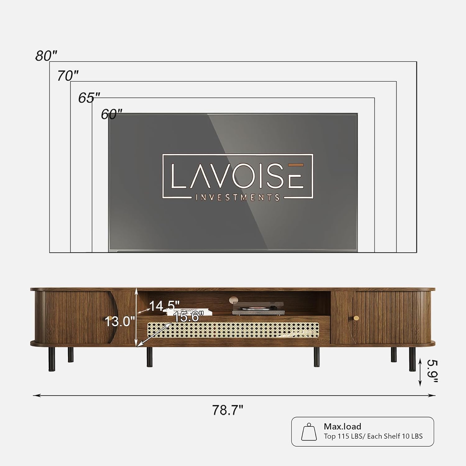 basenji 79" Fluted TV Stand with Sliding Doors & Rattan,Mid Century Modern Entertainment Center with Storage,Curved Edge Design,Media Console for TVs up to 85",TV Consoles for Living Room,Walnut