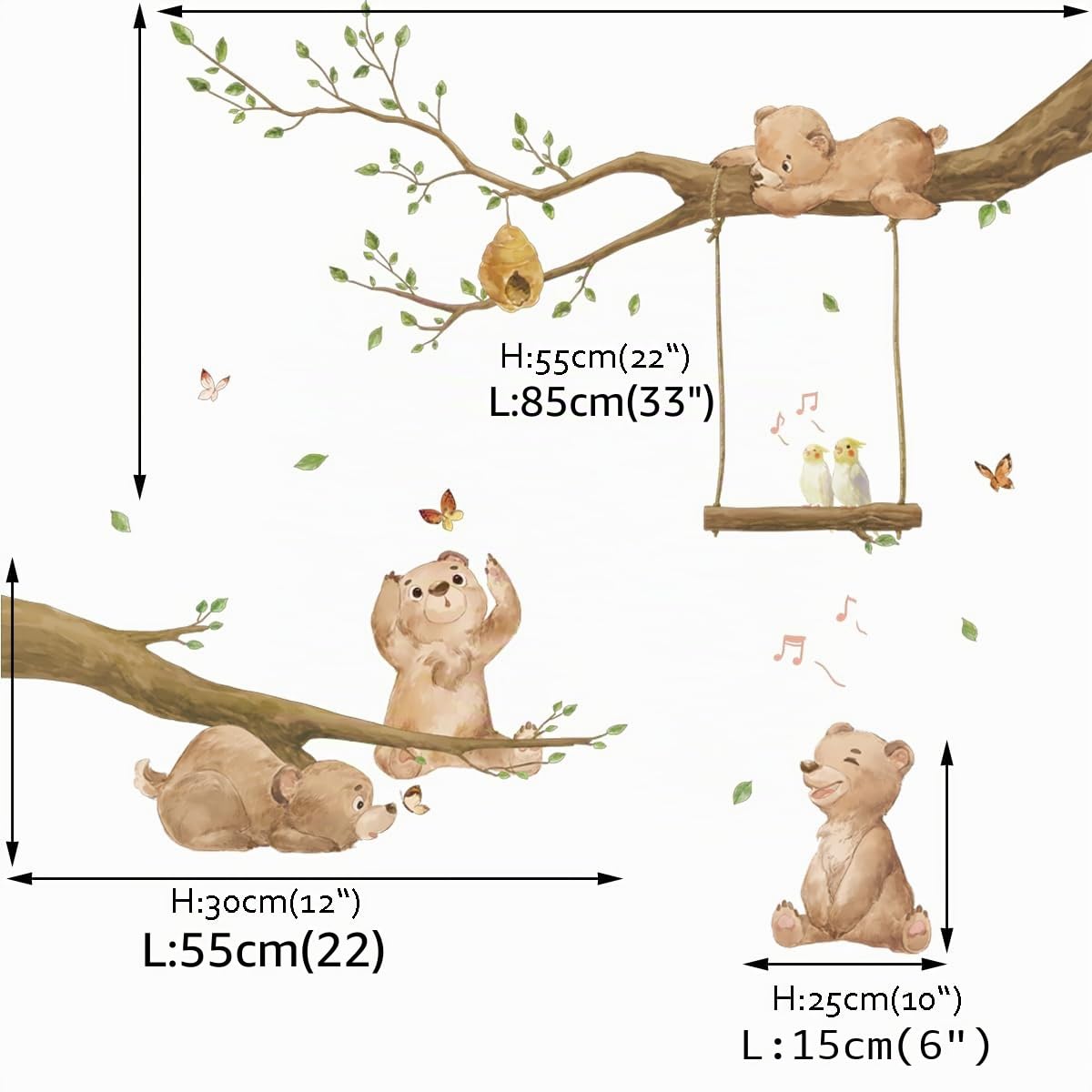 Runtoo Adesivi Murali Bambini Orso Adesivi da Parete Animali del Bosco Albero Decorazioni Muro Camerette Bambini Asilo Nido Camera da Letto