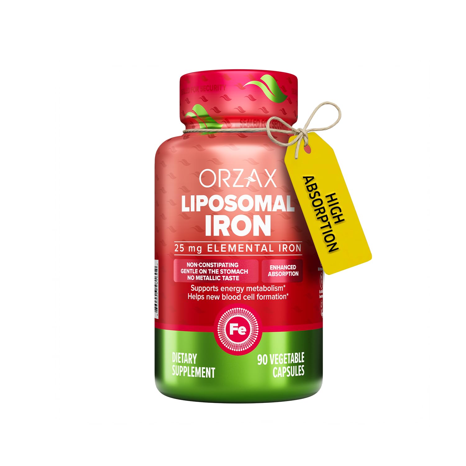 ORZAX Iron Supplement 25 mg -Liposomal Technology- High Bioavailability 90 Vegetable Capsules, Helps New Blood Cell Production, Non-Constipating, Non-GMO & Gluten Free, for Women, Men, Adults