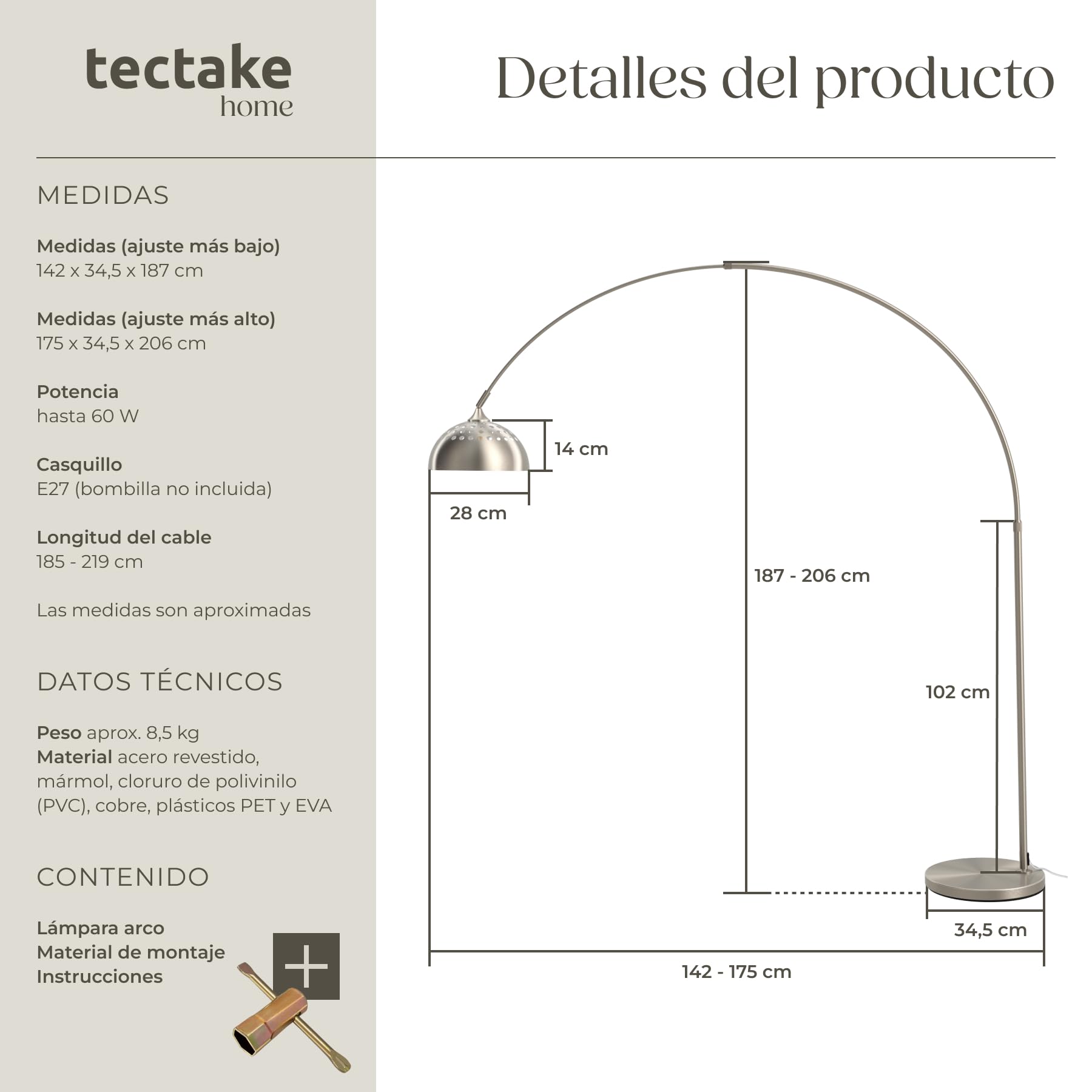 tectake® Lámpara de Pie Regulable en Altura, Diseño Retro Años 70, Lampara de Pie Lectura con Pantalla Giratoria, Base Sólida con Protector de Suelo, Ideal como Decoración Salon - Níquel Mate