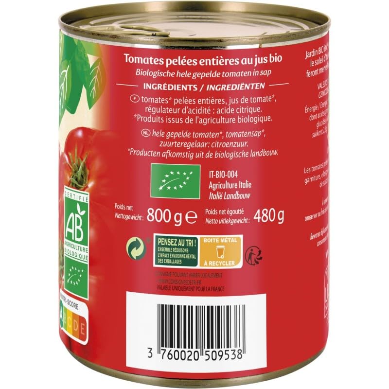 Jardin Bio Étic - Tomates entières pelées au jus bio en boîte métal de 800g, idéales pour une cuisine saine et naturelle - Epicerie bio - Le Lot De 4