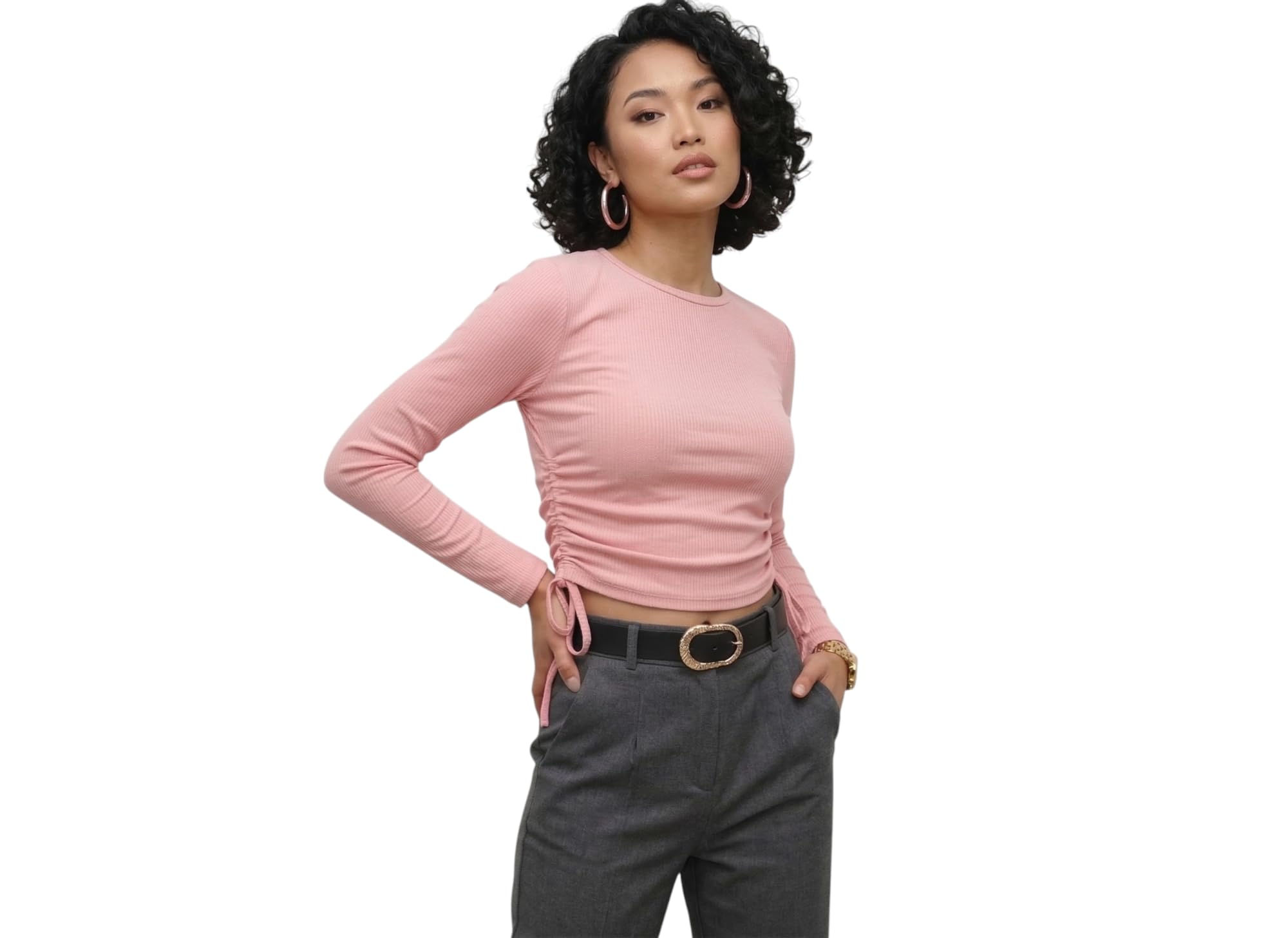 Women’s Solid Ruched Long Sleeve Crop Top | Stretchable Bodycon Full Sleeve Fitted Top for Women-image-14