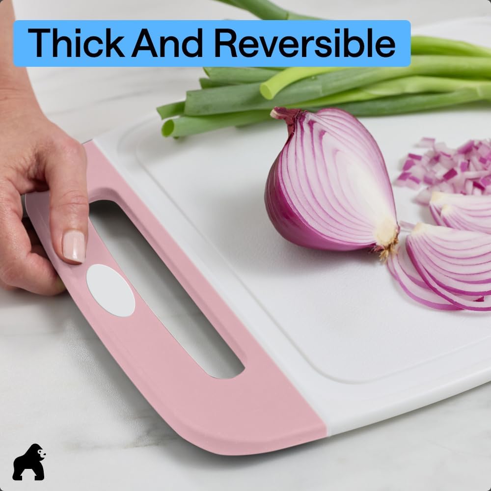 GORILLA GRIP BPA-Free Reversible Kitchen Cutting Board Set of 3, US Designed, Nonporous, Juice Grooves Catch Liquid, Slip Resistant Border, Dishwasher Safe, Durable Large Food Chopping Boards, Pink