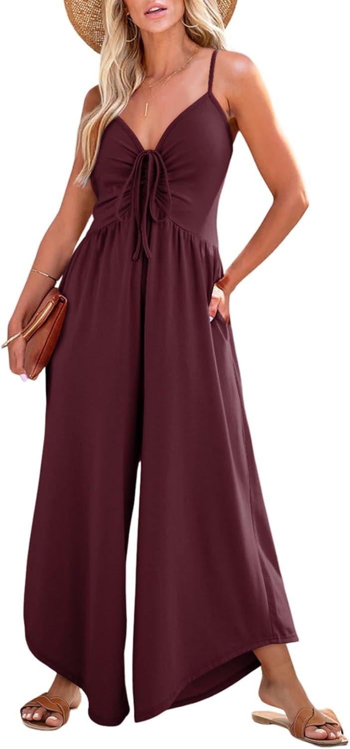 Dokotoo Womens Jumpsuits Spaghetti Straps Ruched Drawstring Knit Wide Leg Romper Casual Jumpsuits with Pockets