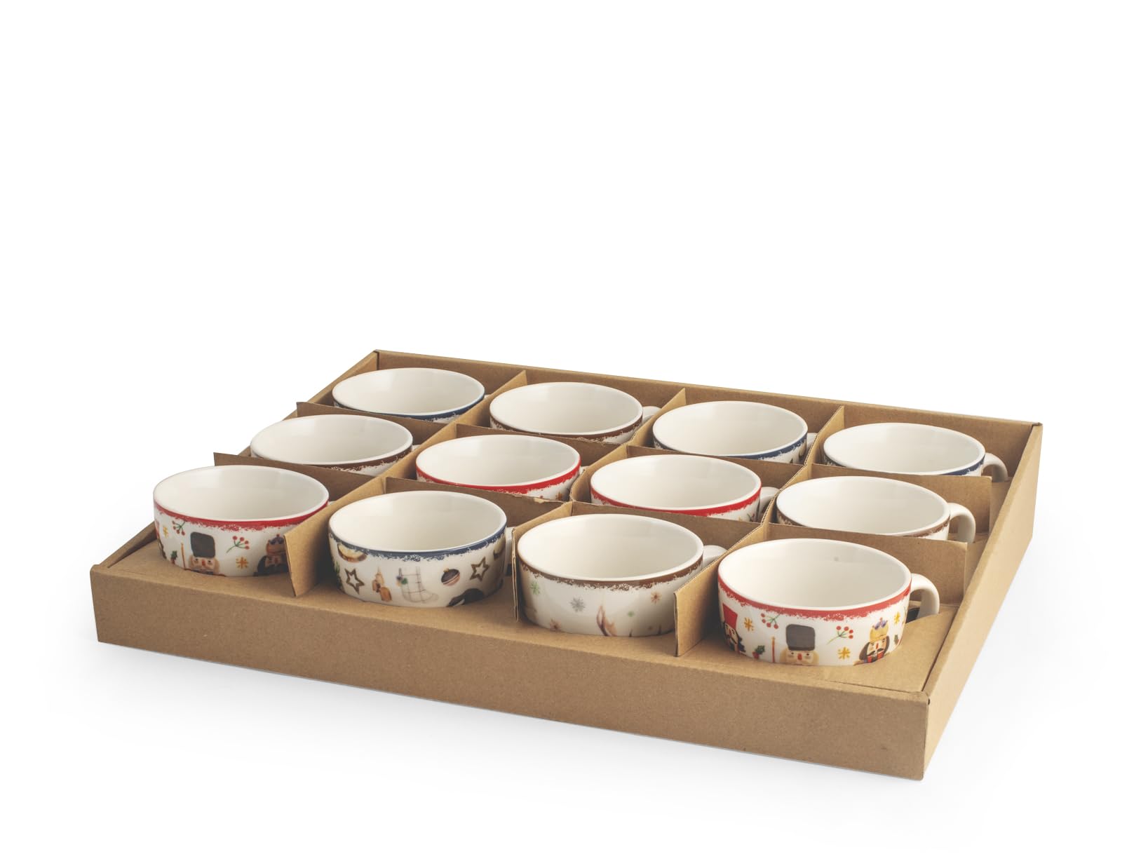 H&H, set 12 tazze te' Noel, tazze natalizie, tazze decorate, decori assortiti, in porcellana New Bone China, 220 cc