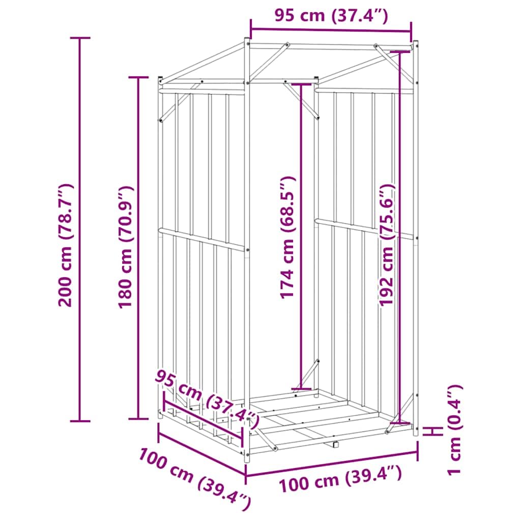 Estantería para leña con protección contra la lluvia, 100 x 100 x 200 cm, de acero galvanizado, para guardar leña para chimenea, para exteriores, funda para lluvia con cremalleras, máx. 180