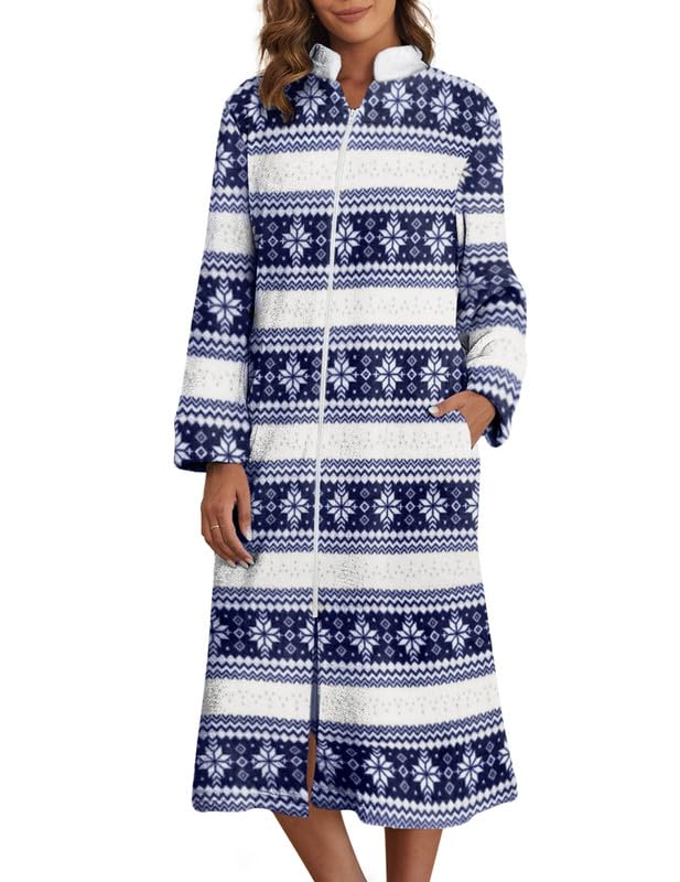 Ekouaer Women's Zip Up Robe Fleece Bathrobe Long Zipper Lounger Warm Housecoat Long Sleeve Nightgown with Pockets S-XXL