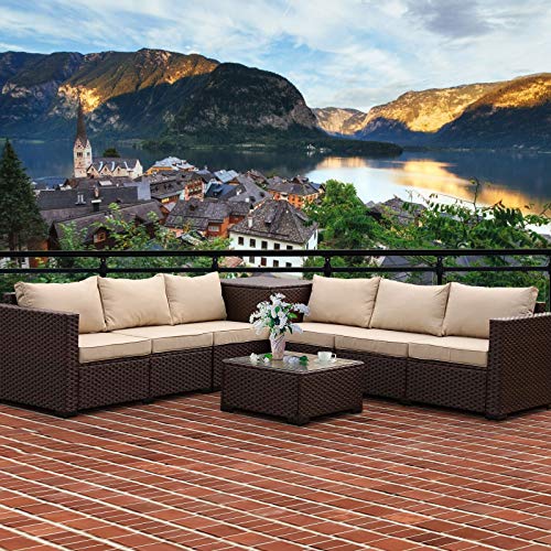 Valita 6 Pieces Patio Pe Wicker Furniture Set Outdoor Brown Rattan Sectional Conversation Sofa Chair With Storage Table And Beige Cushions #TOP7