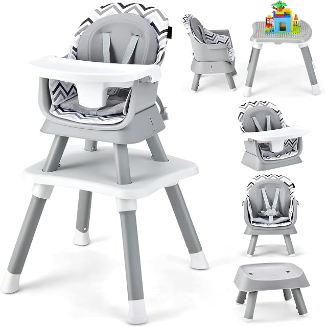 HONEY JOY 8 en 1 Chaise haute bébé, chaise haute convertible pour les bébés et les tout-petits/Table et chaise ensemble/bâtiment de la table / siège de booster / tabouret / chaise pour bébé avec harnais de sécurité (Wave Gray)