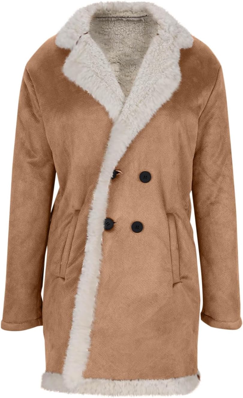 Womens Faux Suede Long Jackets Sherpa Lined Coats Notch Lapel Double Breasted Fleece Fur Leather Winter Warm Overcoats