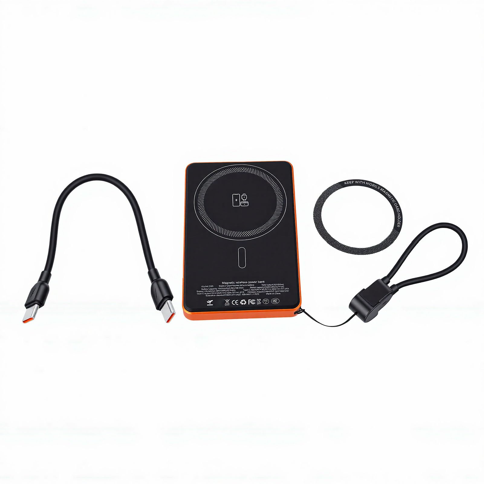 Batterie Externe Magnétique sans Fil 3 en 1, Chargeur Portable 10 000 MAh avec Charge Rapide PD 20 W, Charge sans Fil 15 W, écran LCD et Support intégré, pour Smartphones (Orange)