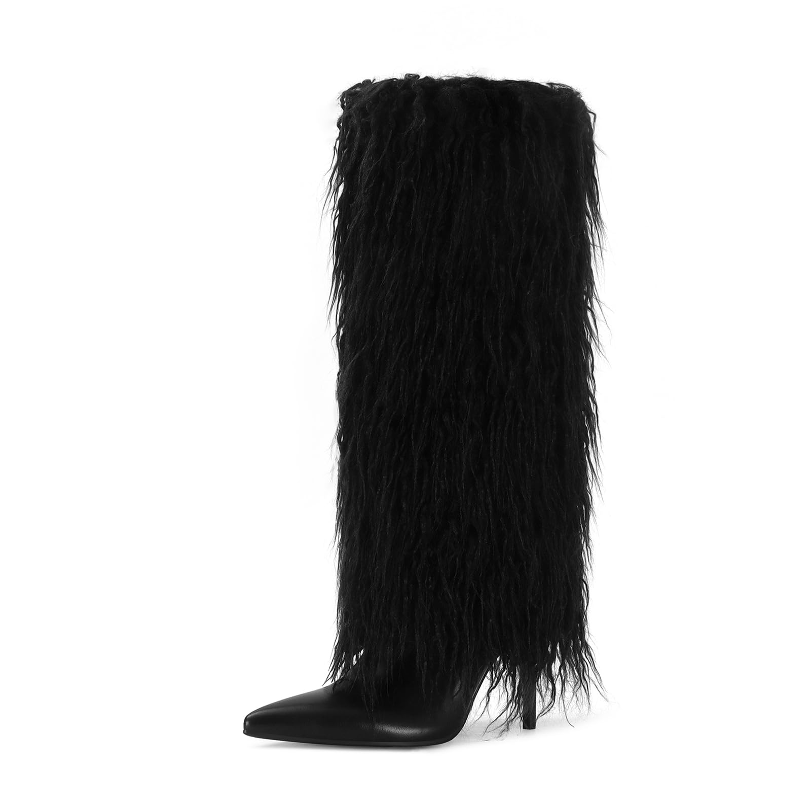 Fur Knee High Boots for Women Pointed Toe Stiletto Heel Fold Over Tall Boots Fashion Wide Calf Long Booties: 9.5 Black