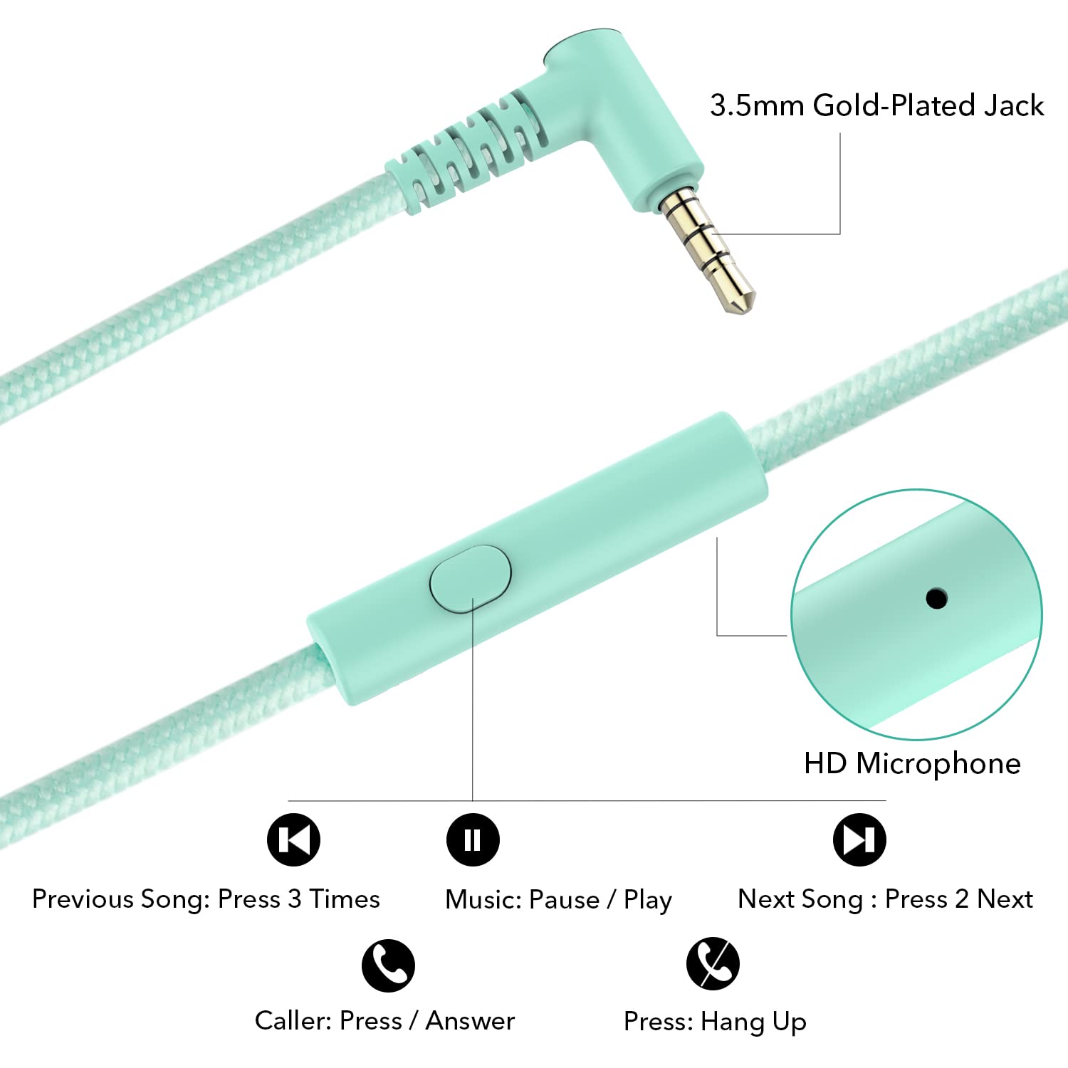 JOMILIN A10 Cuffie On-Ear con microfono, leggere e pieghevoli, con cavo senza groviglio da 1,5 m, cuffie cablate portatili per smartphone, tablet, computer MP3/4 (verde)