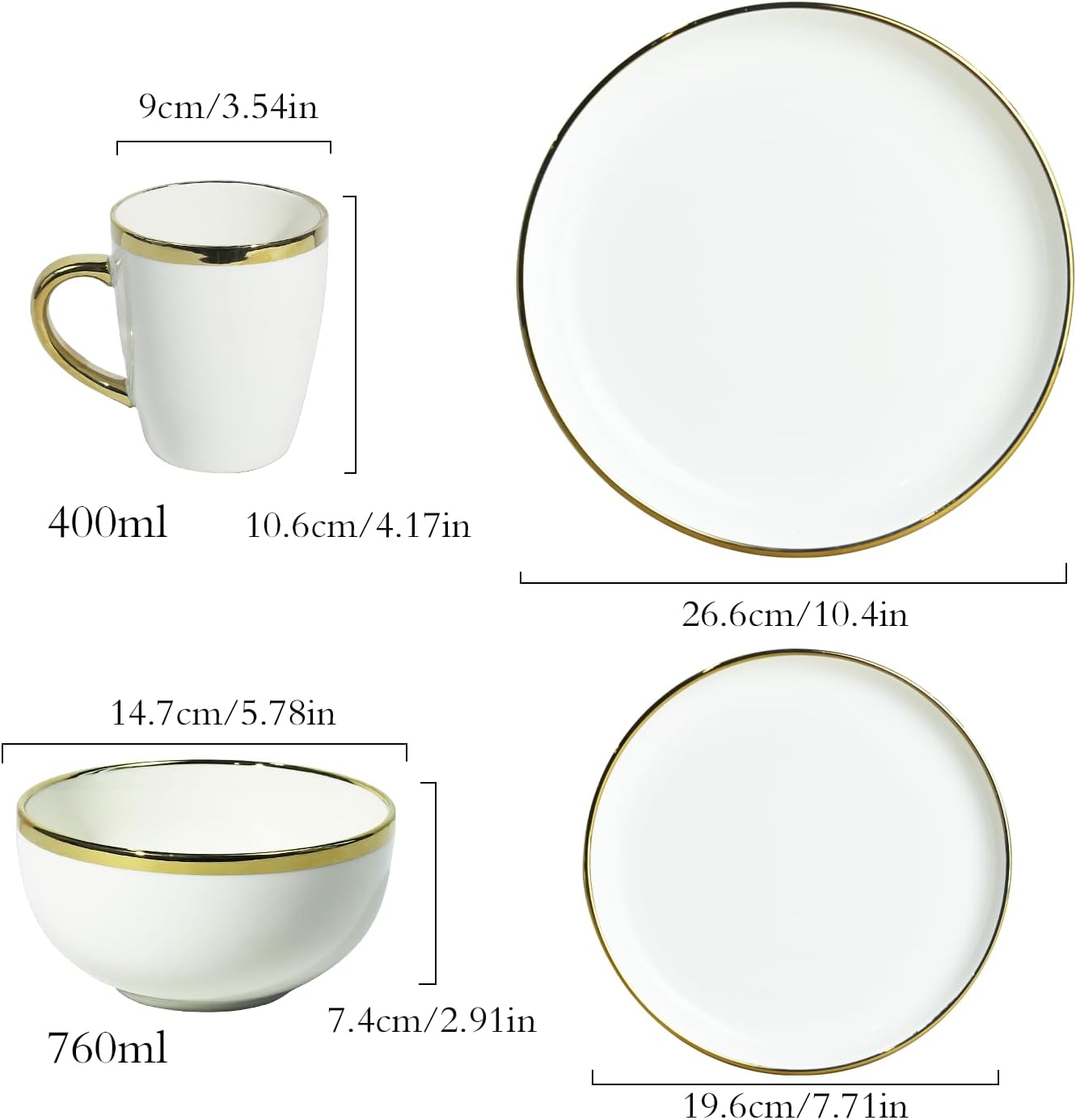 White and Gold Ceramic Dinnerware Sets for 4, 16-Piece Luxury Plates and Bowls Sets with Gold Rim, Modern Dish Set for Wedding Christmas Anniversary, Crack Resistant | Dishwasher Safe (White)