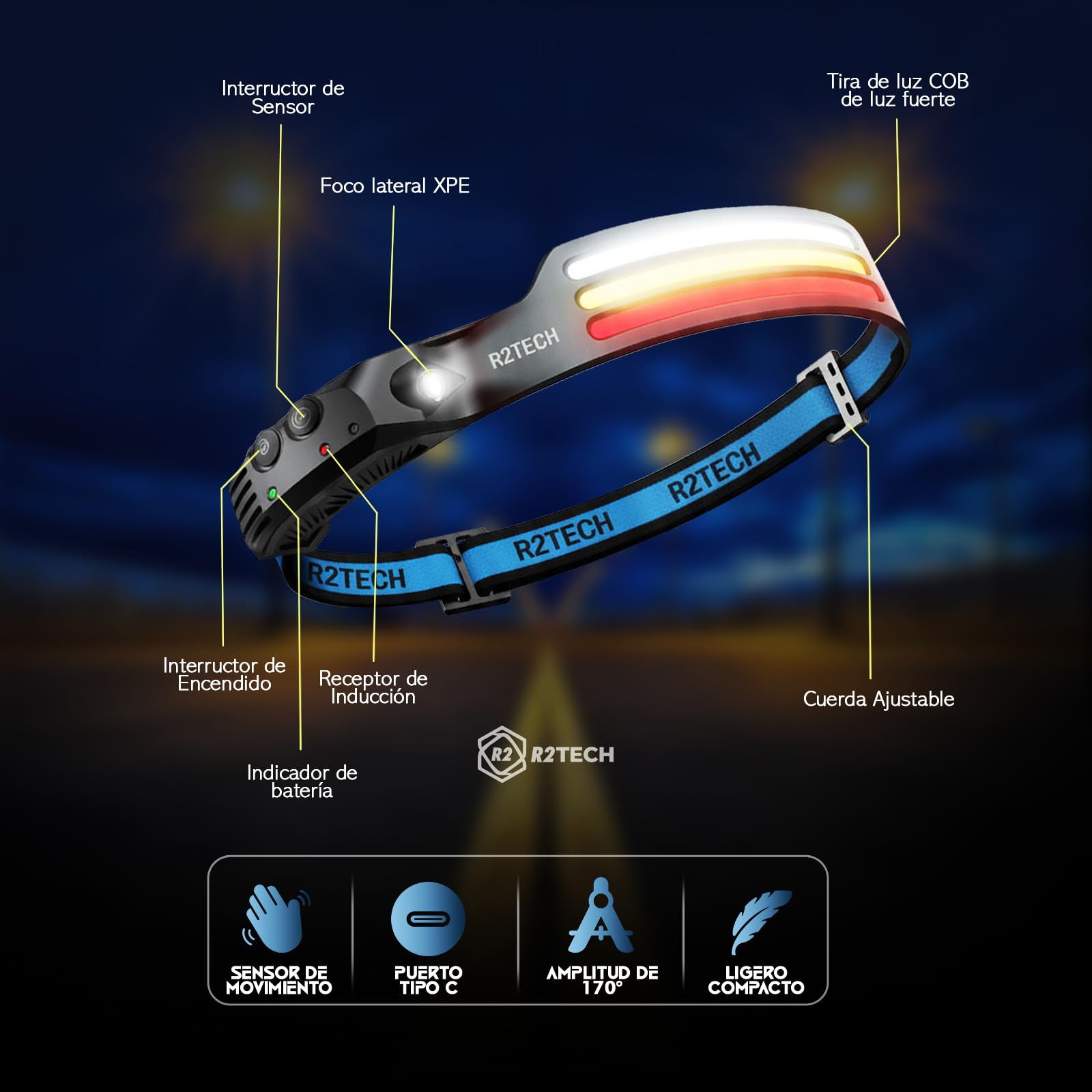 Linterna Frontal LED Recargable Alta Potencia con Luz Roja y Cálida para Running, Ciclismo, Pesca y Camping