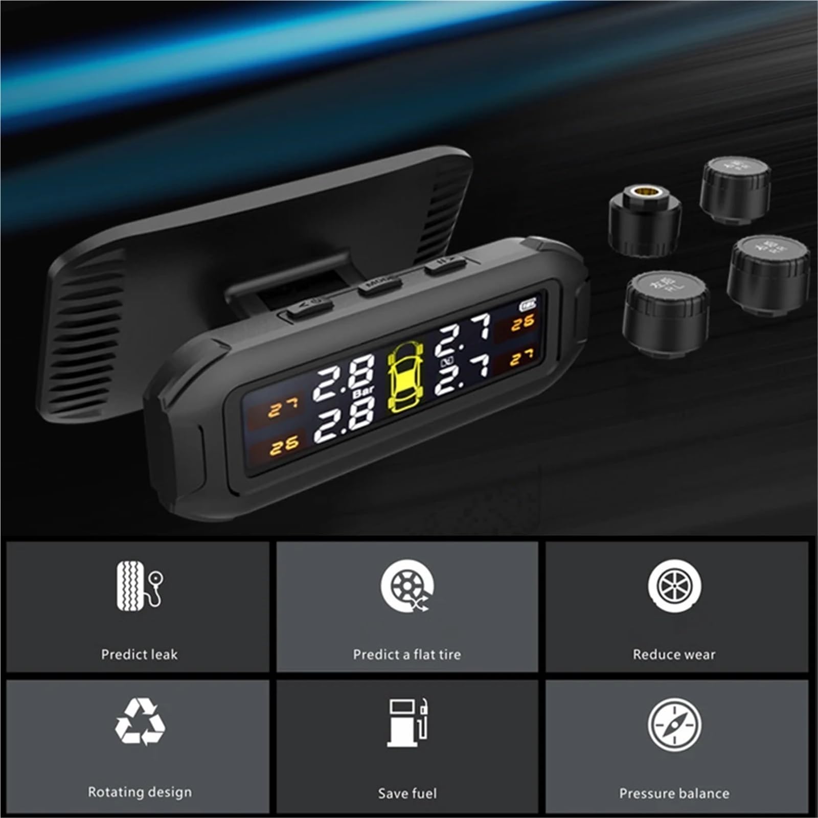 System monitorowania ciśnienia w oponach Solar TPMS Ostrzeżenie o temperaturze Tester ciśnienia w oponach samochodowych 4 czujniki Narzędzia(Solar TPMS A)