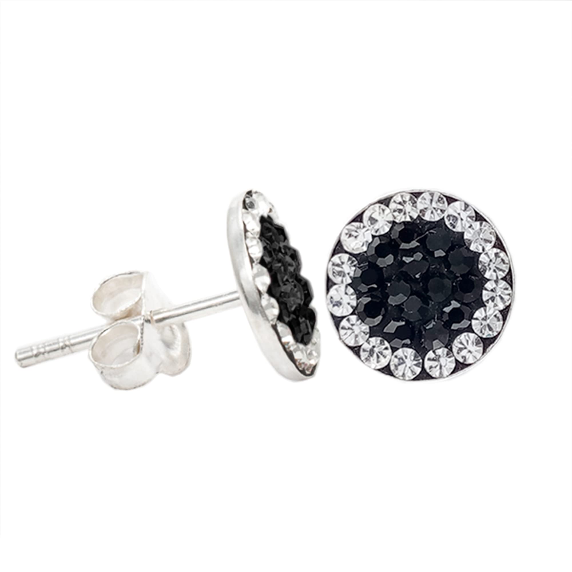 ENTREPLATA Pendientes de Plata de Ley 925 Mosaico Microseting para Señora Mujer Chica Joven con Pequeñas Circonitas Blanco y Negro Brillante 8 mm.